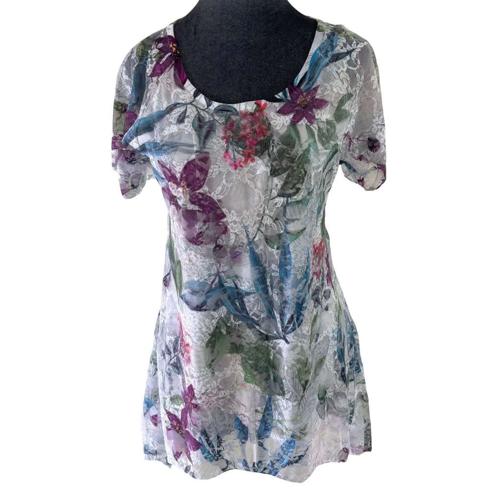 Brittany Black Romantic Boho Country‎ L Floral Stretch Lace Sharktooth Hem Tunic